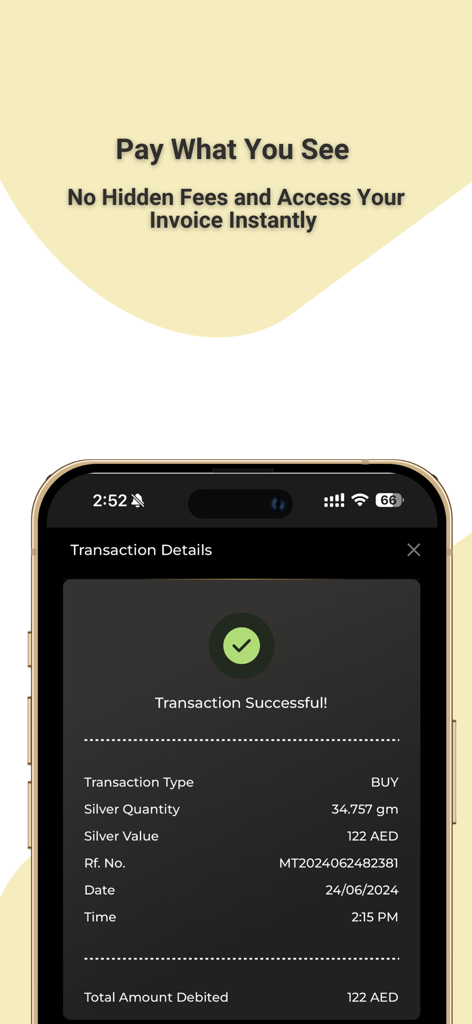 Pantalla de confirmación de transacción en la aplicación OGold Wallet para la compra de plata