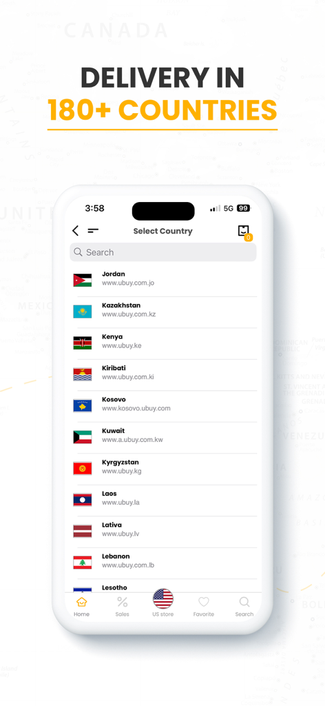 Ubuy: International Shopping - Interface de l'application Ubuy pour sélectionner les pays de livraison internationale dans plus de 180 nations
