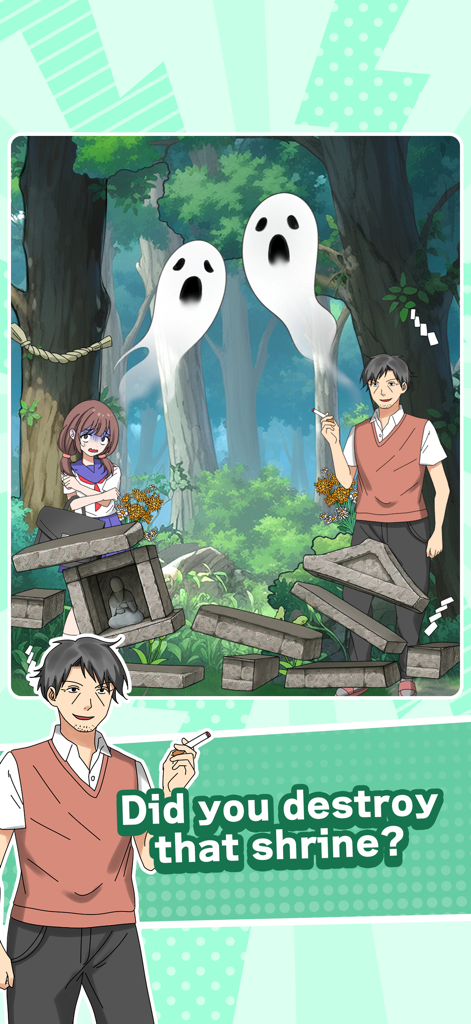 Tricky Mean - Brain puzzle - Una escena de rompecabezas cerebral complicado que presenta un santuario de piedra destruido con fantasmas y un personaje de aspecto culpable en un bosque.