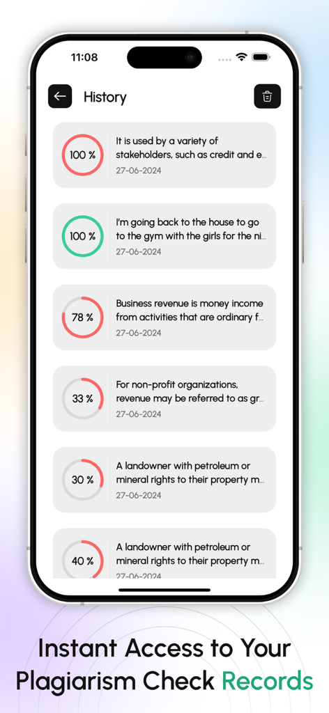 Pantalla de historial de verificación de plagio mostrando puntuaciones de similitud y resultados de texto.
