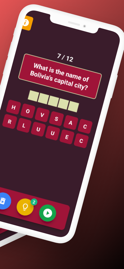 GeoCap - World Capitals Quiz - A mobile quiz interface asking for the name of Bolivias capital city