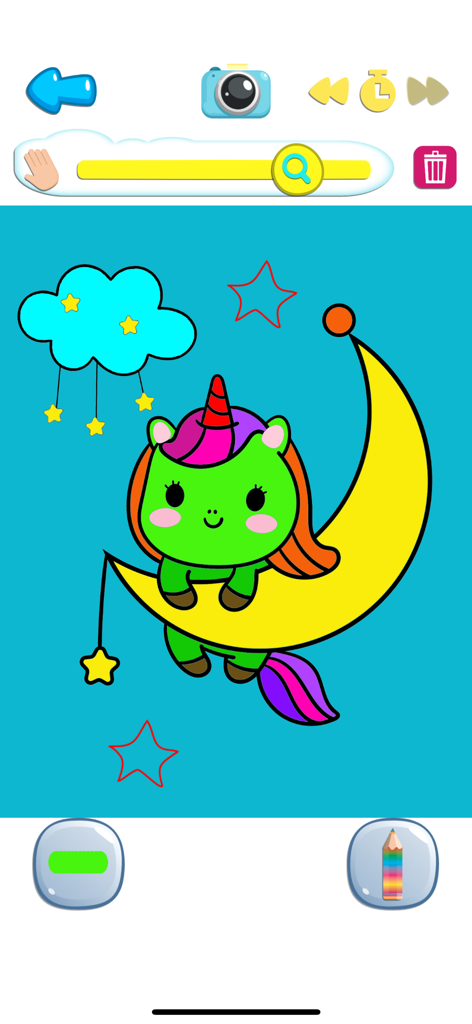 Kawaii Unicorn: Coloring World - Um unicórnio kawaii verde sentado em uma lua crescente amarela com estrelas e nuvens em uma página para colorir digital.