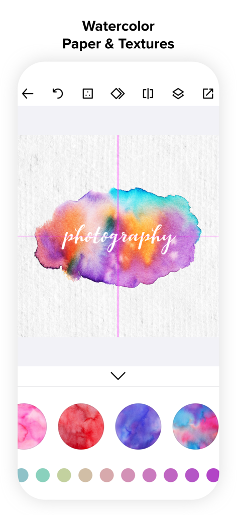 Interfaz de aplicación móvil que muestra un vibrante diseño de logo en acuarela para un negocio de fotografía con texturas de papel.