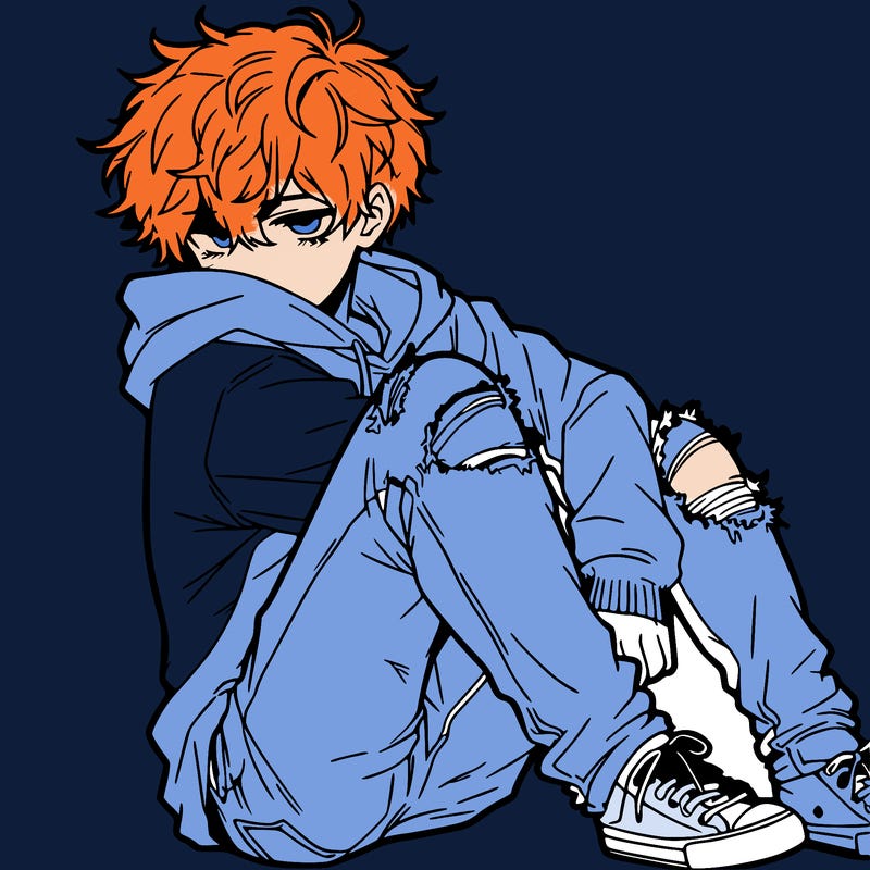 a male hoddie ripped jeans messy hair anime