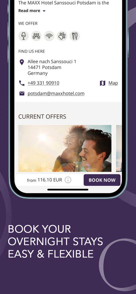 H Rewards app interface displaying hotel details for MAXX Hotel Sanssouci Potsdam with amenities and booking offers
