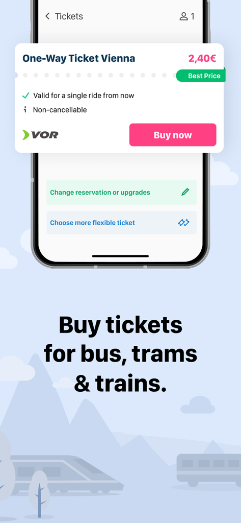wegfinder - Wegfinder app screen showing a one-way ticket for Vienna with a buy now button