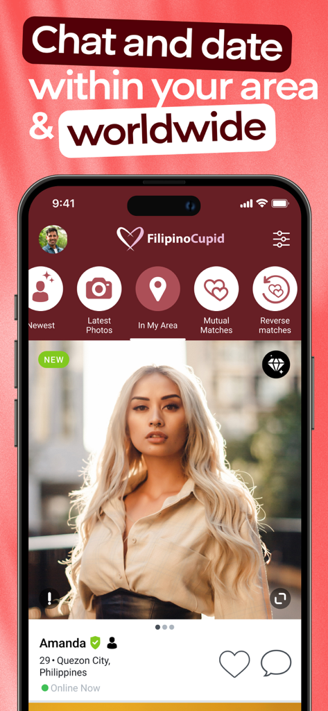 FilipinoCupid: Filipino Dating - FilipinoCupid mobile App-Oberfläche, die ein Benutzerprofil und Suchkategorien für lokales und globales Dating anzeigt