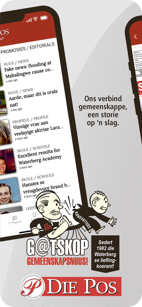 Die Pos - Interface of Die Pos news app displaying local community news and school updates in Afrikaans and English.
