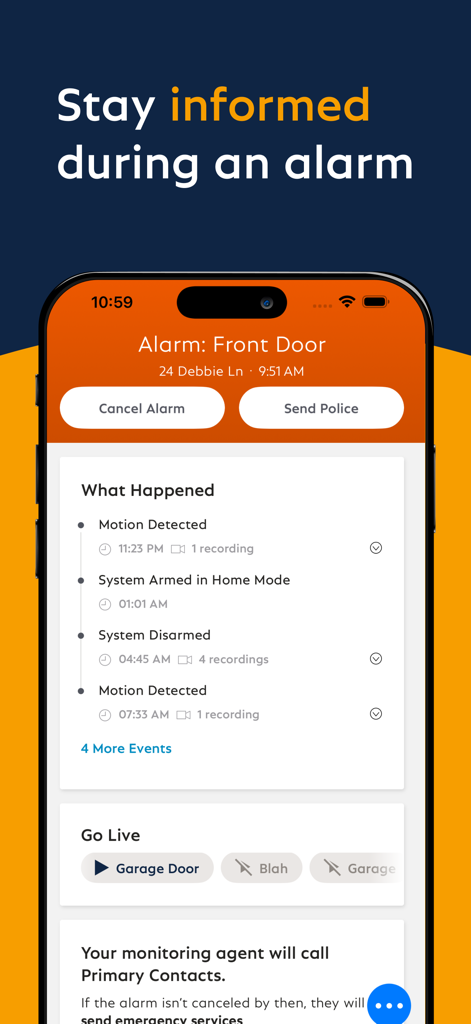 SimpliSafe Home Security App - SimpliSafe-App zeigt einen Alarm für die Haustür und eine Aktivitätszeitachse auf einem iPhone an.