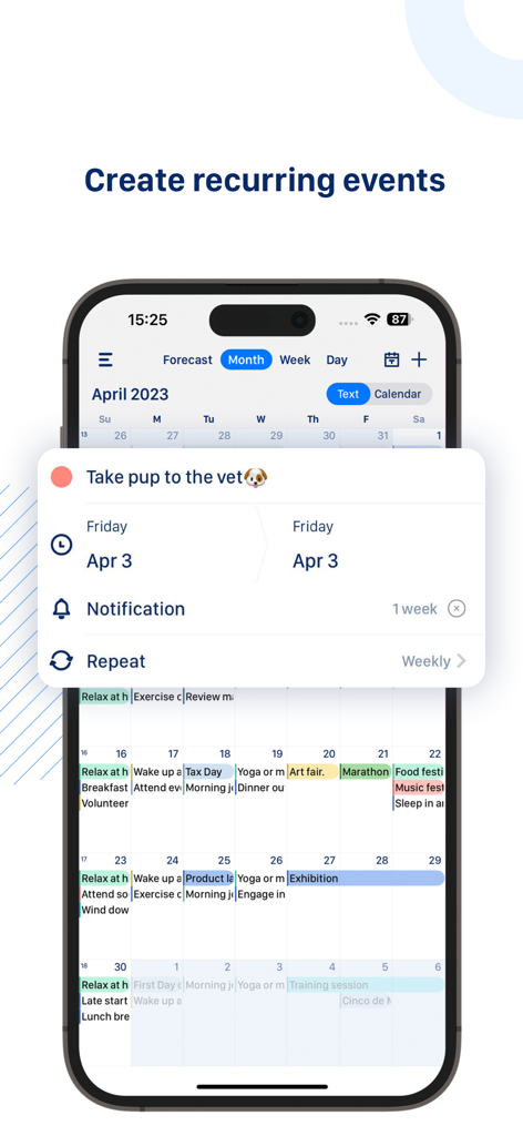 Tiny Calendar Pro - Captura de pantalla de la interfaz de la aplicación Tiny Calendar Pro que muestra la configuración de un evento recurrente semanal en un iPhone.