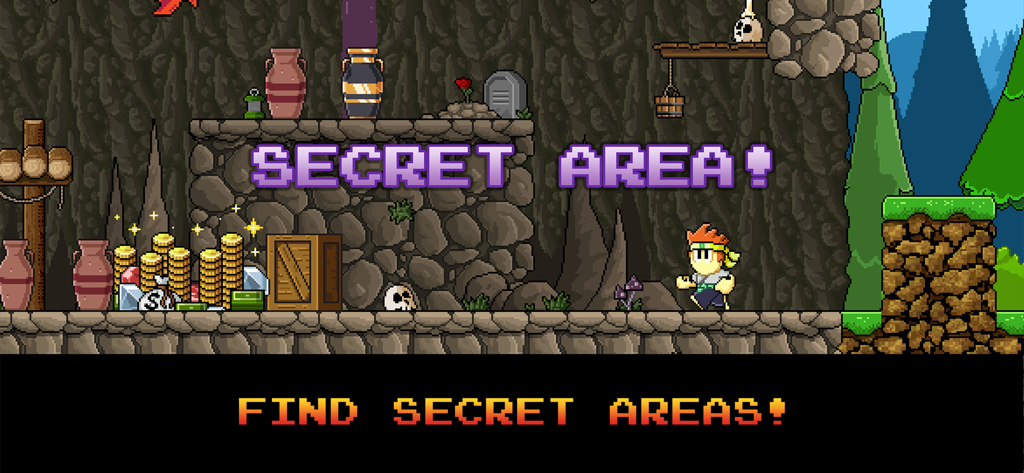 Dan The Man Classic-Charakter entdeckt einen geheimen Bereich mit Goldmünzen und Schätzen in einer Retro-Pixel-Art-Höhle