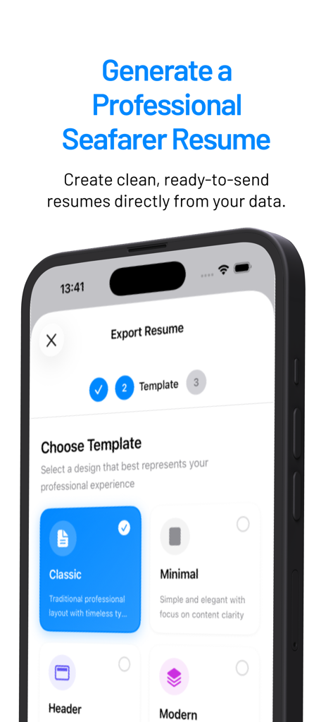 Sea Service - Career Manager - Sea Service app interface showing a selection of professional resume templates for seafarers including Classic and Minimal designs