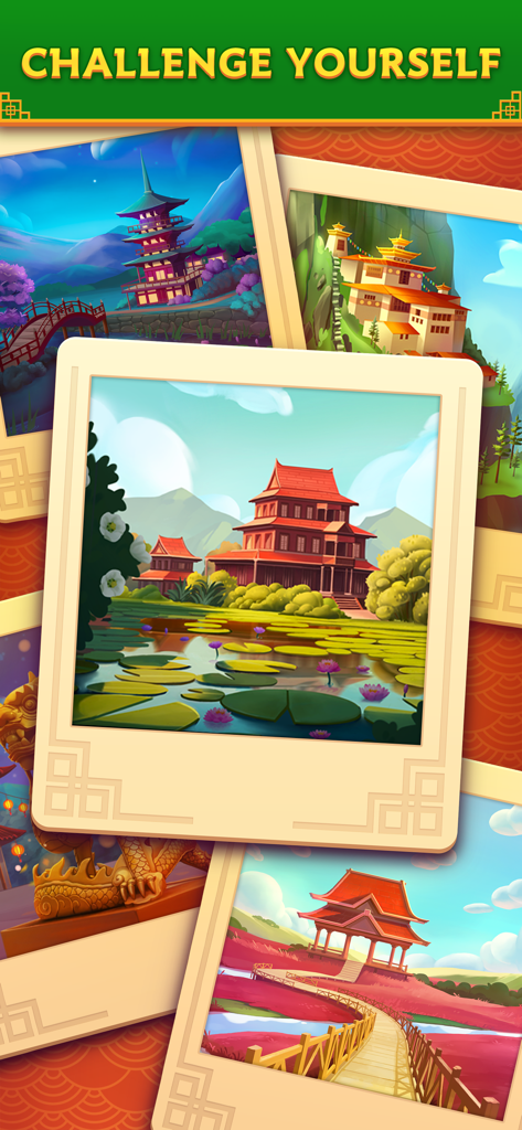 Tile Dynasty: Triple Mahjong - Ruhige asiatische Landschaften und Tempel, die in den Levels des Spiels Tile Dynasty Mahjong zu sehen sind
