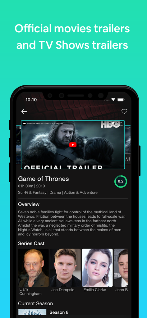 왕좌의 게임의 공식 예고편 및 출연진 목록을 보여주는 Show Box 앱 인터페이스