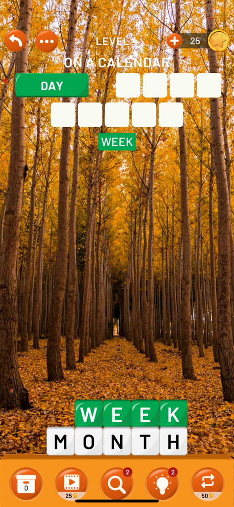 Word Tower: Relaxing Word Game - A word search puzzle level in Word Tower featuring an autumn forest background and calendar related words