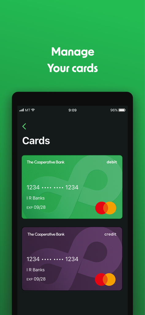 The Co-operative Bank (NZ) - The Co-operative Bank NZ app manage cards screen showing debit and credit cards in dark mode
