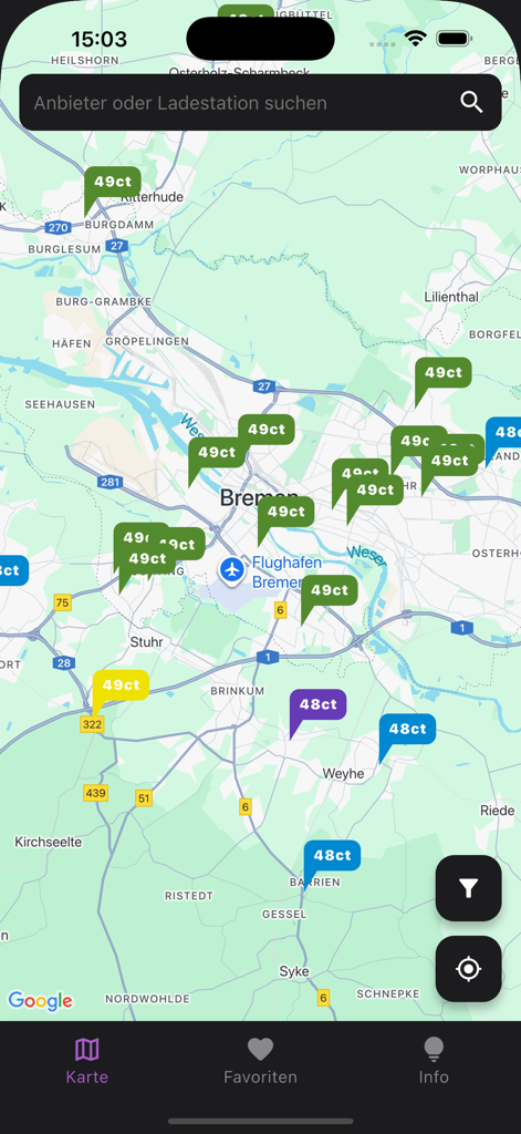 Ad-Hoc Map app displaying EV charging station locations and prices on a map