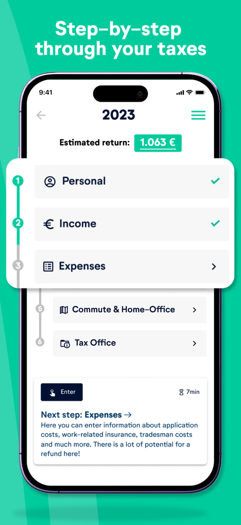 Screenshot of the wundertax app showing a step-by-step progress tracker for a German tax return in English.