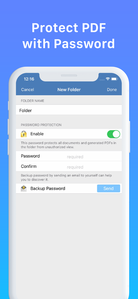 Faster Scan - Fast PDF Scanner - Interface of the Faster Scan app showing how to enable password protection for a document folder