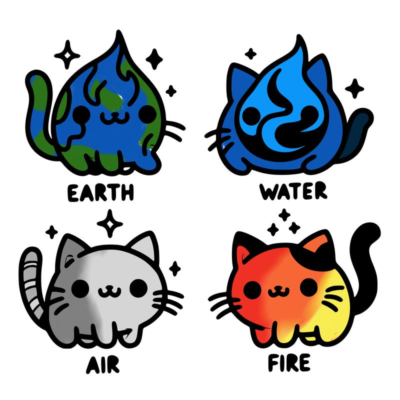 4 cats that represent the different elements, earth, water, air, and fire