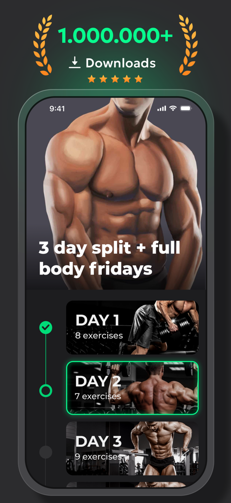 ProFit: Workout Planner - Interfaz de la aplicación ProFit que muestra un programa de entrenamiento dividido en tres días y un rastreador de progreso de entrenamiento