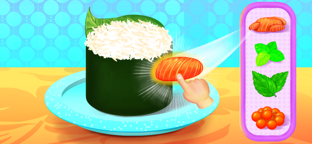 Sushi Maker—Kids Cooking Games - Hand adding salmon to a sushi roll in a kids cooking game
