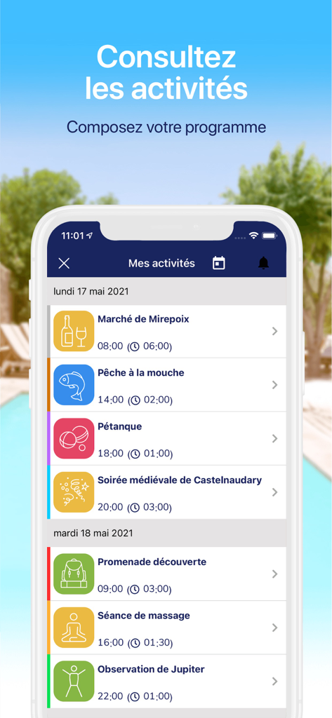Happy House - Happy House app interface showing a scheduled itinerary of curated travel activities including fly fishing and wellness sessions.