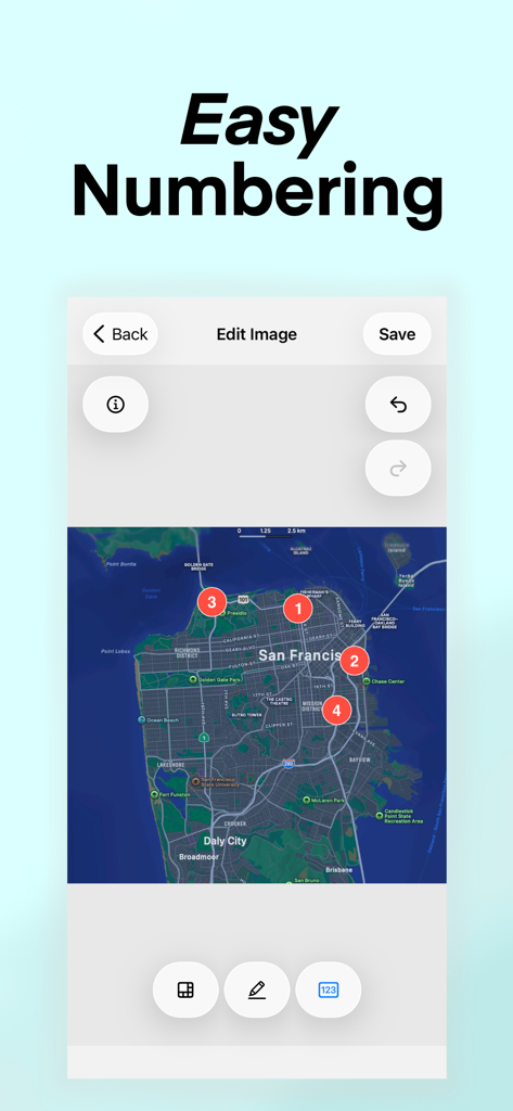 Moza Editor - Captura de pantalla de Moza Editor que muestra la función de numeración fácil utilizada para colocar insignias numeradas en un mapa de San Francisco