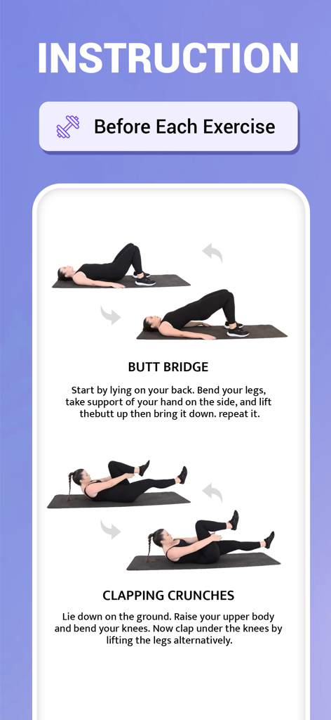 Flat Stomach Workout - 30 Days - Pantalla de instrucciones que muestra ejercicios como puente de glúteos y abdominales de tijera con guías paso a paso.