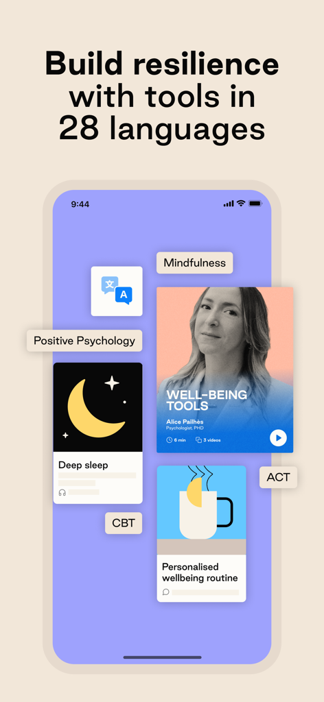 Kyan Health app interface showing mental health resilience tools and personalized wellbeing routines