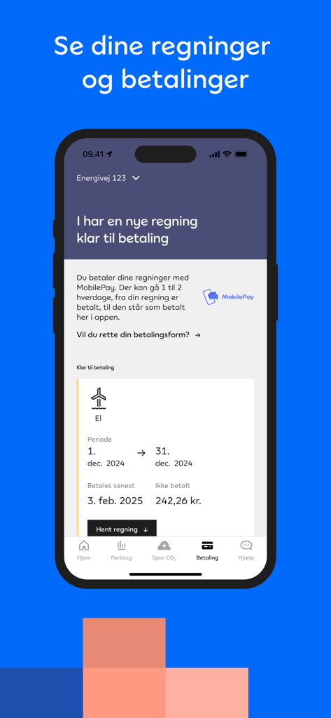 Tela do aplicativo móvel Andel Energi exibindo uma conta de energia e opções de pagamento