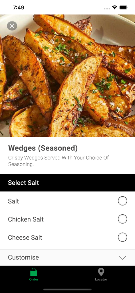 Juanita’s Gourmet Pizza - Seasoned potato wedges ordering screen on the Juanitas Gourmet Pizza app