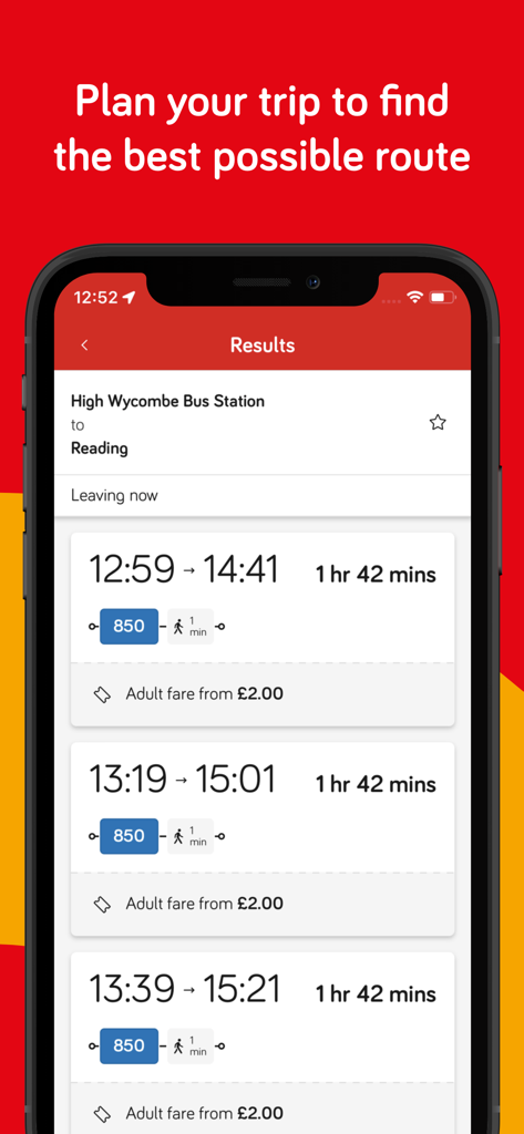 Carousel: High Wycombe buses - Screenshot of the Carousel Buses app showing journey planning results for bus route 850 from High Wycombe to Reading including times and fares.