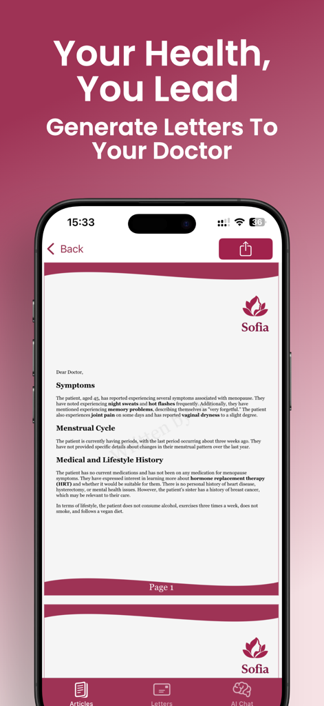 Sofia AI mobile app interface showing a generated professional letter for a doctor summarizing menopause symptoms and medical history
