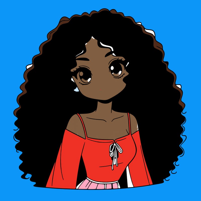 a black anime girl with long afro hair
