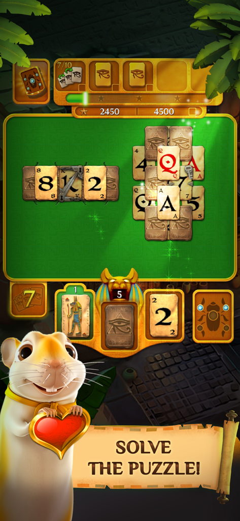 Kingsley the gerbil mascot holding a golden heart next to an Ancient Egyptian themed solitaire game board with the text Solve the Puzzle
