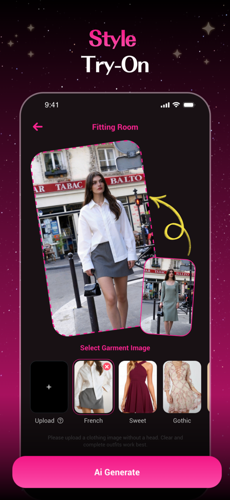 StyleMe: AI Photo & Video - A screenshot of the StyleMe app interface demonstrating the AI virtual outfit try-on feature with various style options.