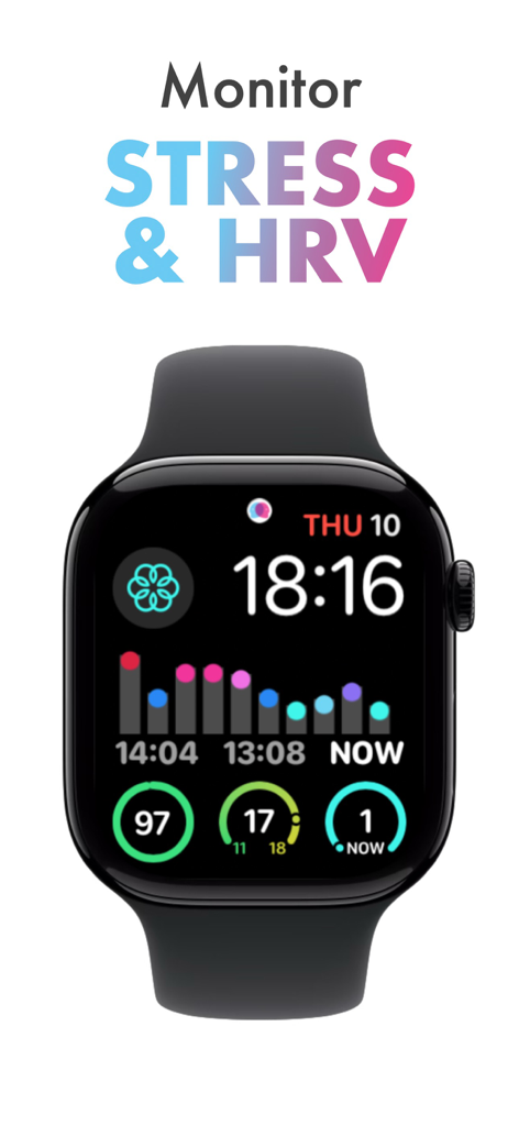 StressFace: HRV Stress Tracker - Apple Watch screen showing the StressFace app with real-time stress and HRV data visualizations