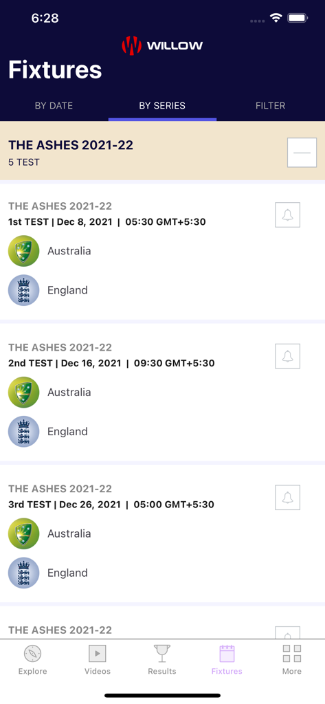 Cricket match fixtures for The Ashes series on the Willow app.