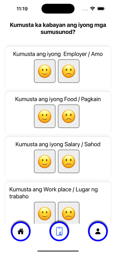 Mobile app screen showing a welfare survey for Overseas Filipino Workers with emoji ratings for employer, food, and salary