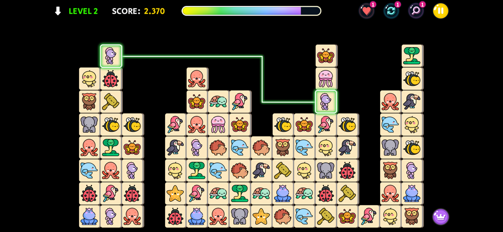 Onet Connect Animal - Classic - Capture d'écran du jeu Onet Connect Animal Classic montrant des puces d'animaux et une ligne verte reliant deux oiseaux violets correspondants.