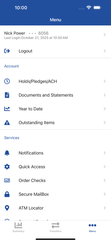 Menu principale dell'app mobile Police Credit Union che mostra le opzioni del conto e dei servizi