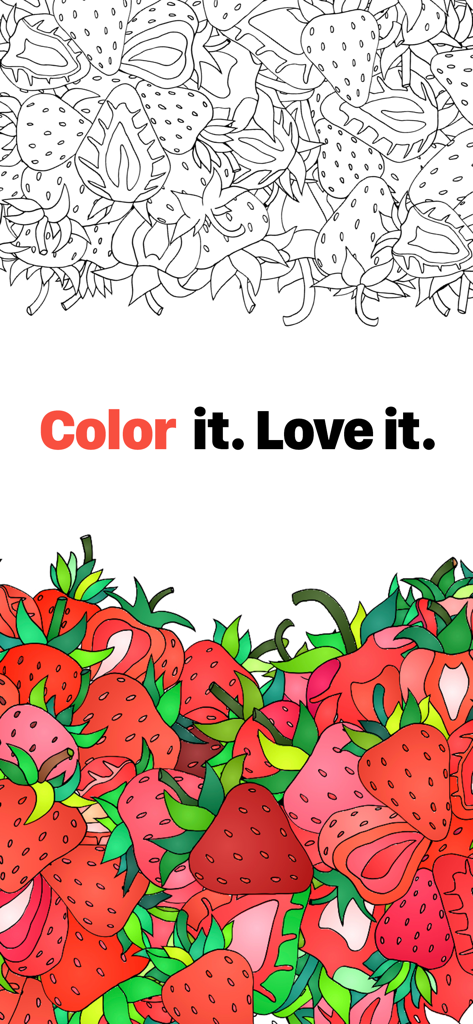 Jolly Paint: Coloring Book - Uma comparação antes e depois de uma página de colorir de morango com o texto 'Colorir é Amar'.