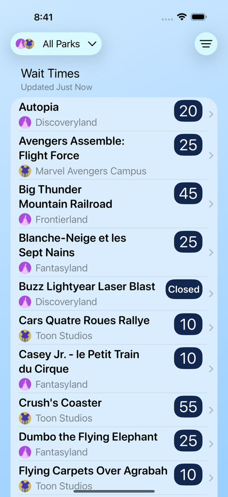 Interfaccia che mostra i tempi di attesa per le attrazioni nei parchi di Disneyland Paris