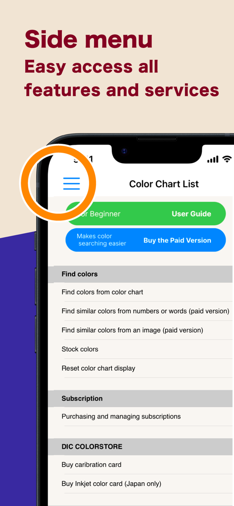 Side menu interface of the DIC COLOR GUIDE app showing navigation to features and services