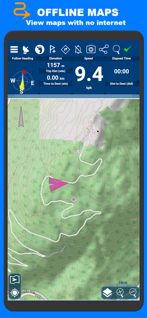 PathAway Outdoor Navigation - PathAway mobile app showing topographical offline maps and navigation data including elevation and speed