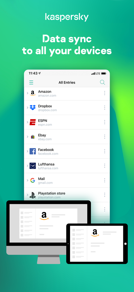 Kaspersky Passwords & Docs - Kaspersky app showing password sync across smartphone desktop and tablet devices