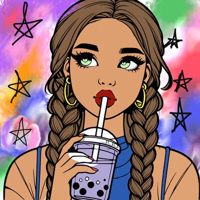 realistic girl with braided hair drinking boba
