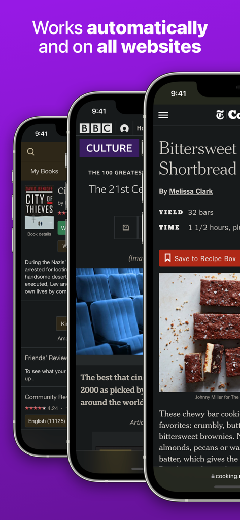 Noir - Dark Mode for Safari - Noir拡張機能によってダークモードに自動変換されたSafariのウェブサイトを示す3台のiPhone