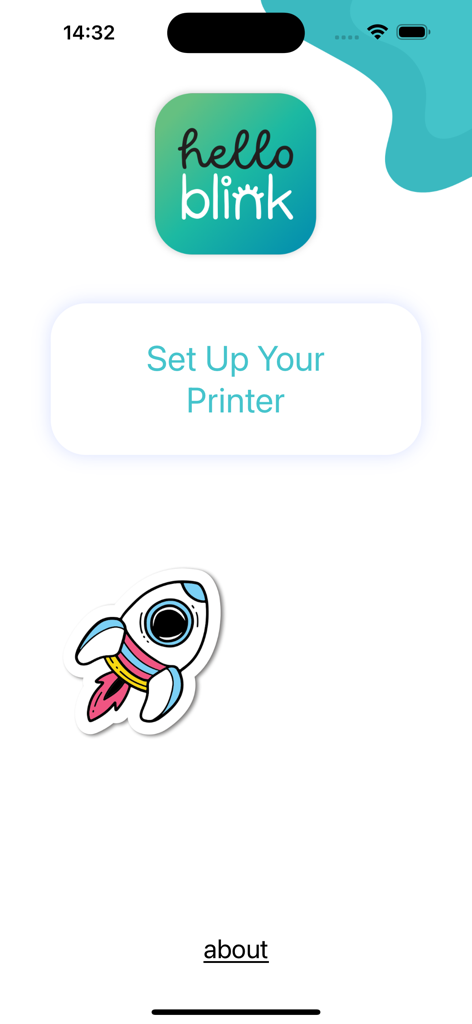 HelloBlink app interface showing the printer setup button and a colorful rocket sticker graphic